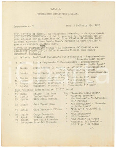 Documento originale, autentico 1943 CONI CICLISMO  Giro d Italia di Guerra  Calendario nazionale Comunicato 1