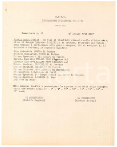 Documento originale, autentico 1943 CONI CICLISMO Ammissione alla finale di Coppa Italia  Comunicato 1