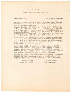 Documento originale, autentico 1943 CONI Federazione Ciclistica Italiana  Gran Premio SUCCI Comunicato 1