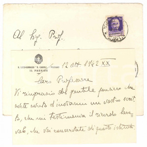 Manoscritto, lettera originale 1942 VIGEVANO Liceo CAIROLI  Biglietto preside Luigi FRESIA  AUTOGRAFO 1