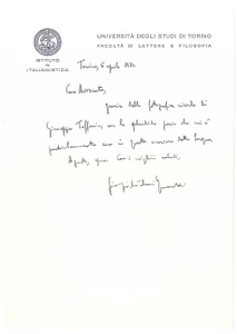 Autografo originale 1980 TORINO Lettera Giorgio BARBERI SQUAROTTI per ricordo ricevuto  AUTOGRAFO 1