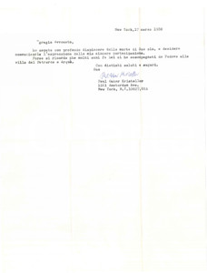 Autografo originale 1980 NEW YORK Lettera Paul Oskar KRISTELLER per condoglianze  AUTOGRAFO 1