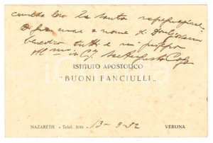 Autografo originale 1932 VERONA Istituto Buoni Fanciulli  Biglietto don Augusto COGO Autografo 1
