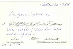 Autografo originale 1958 MILANO Ing. Giustino CATTANEO  Biglietto da visita auguri AUTOGRAFO 1