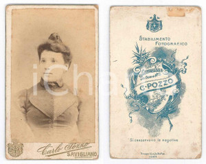 Fotografia d epoca originale 1880 ca SAVIGLIANO Donna con abito ricamato  Foto Carlo POZZO CDV 1