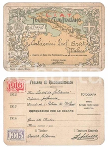 Oggetto da collezione cartaceo 1915 TOURING CLUB ITALIANO MILANO Tessera prof. Aristide CALDERINI Autografo 1