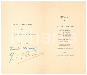 Oggetto da collezione cartaceo 1948 ROMA Ristorante IL FAGIANO  Menù cena Gr. Uff. Claudio OLEVAINE Autografo 1