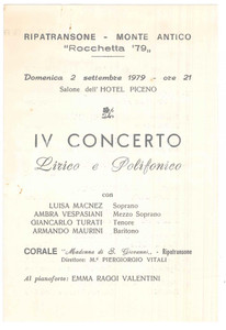 Oggetto da collezione cartaceo 1979 RIPATRANSONE  MONTE ANTICO IV concerto lirico all Hotel Piceno  Programma 1