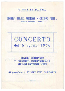 Oggetto da collezione cartaceo 1966 PARMA Corale Parmense Giuseppe Verdi  Concorso giovani cantanti lirici 1