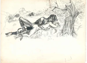 Opera d’arte autentica 1970 ca ARTE ITALIA EROTICA VINTAGE Donna e demone Disegno a china 40x30 1