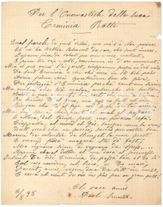 Manoscritto, lettera originale 1898 MILANO  Paolo SMUZZI  Per l onomastich sura Erminia RATTI  Lirica 1