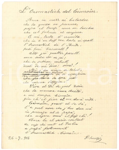 Manoscritto, lettera originale 1916 MILANO Paolo SMUZZI  L onomastich del Cismoin  Lirica dialettale 1