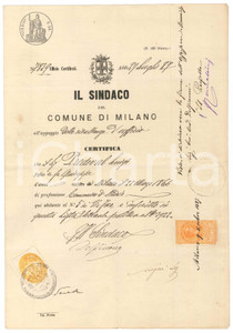 Documento originale, autentico 1887 MILANO Certificato Luigi PREDEVAL commesso  Iscrizione liste elettorali 1