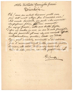Manoscritto, lettera originale 1910 ca MILANO Paolo SMUZZI Alla distinta famiglia FERRARI  Brindisi Lirica 1