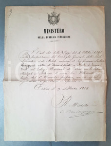 Autografo originale 1852 TORINO Nomina Giovanni Battista GIUPPONI maestro Autografo BON COMPAGNI 1