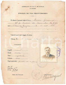 Documento originale, autentico 1920 CHICAGO ILLINOIS Foglio di via provvisorio  Giovanni BOVERO Con foto 1