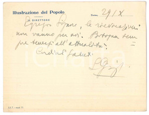 Autografo originale 1930 ca TORINO L illustrazione del Popolo  Biglietto Lorenzo GIGLI  AUTOGRAFO 1