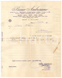 Documento originale, autentico 1935 MILANO Banco Ambrosiano  Lettera per conto di liquidazione 1