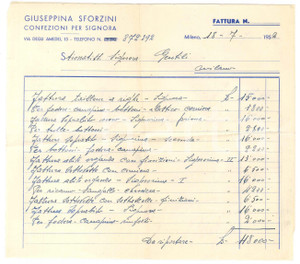 Documento originale, autentico 1952 MILANO Giuseppina SFORZINI Confezioni per signora  Fattura 21x19 cm 1