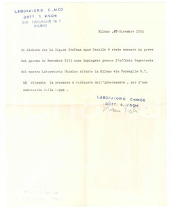 Autografo originale 1953 MILANO Laboratorio Chimico  Lettera dott. Silvio VISCHI AUTOGRAFO 1