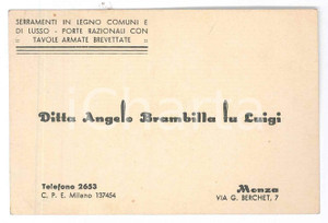 Oggetto da collezione cartaceo 1940 ca MONZA Via Berchet 7  DITTA ANGELO BRAMBILLA Serramenti  Biglietto 1