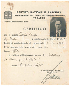 Oggetto da collezione cartaceo 1940 TARANTO  PNF Angelo BRIVIO Iscrizione Fasci di Combattimento 15x23 cm 1