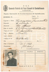 Oggetto da collezione cartaceo 1934 CASTELLANETA PNF Francesco Vito CASAMASSIMA Fascio Giovanile Combattimento 1