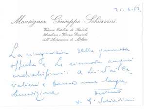 Autografo originale 1962 MILANO Mons. Giuseppe SCHIAVINI vicario generale vescovo AUTOGRAFO 1