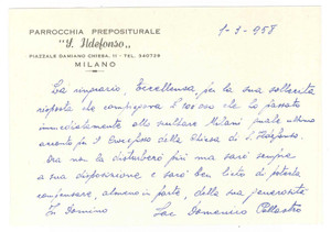 Autografo originale 1958 MILANO Parrocchia S. Ildefonso  Don Domenico POLLASTRO  Autografo 1