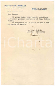 Autografo originale 1950 MILANO Democrazia Cristiana  Lettera Antonio LUCCHINI Assistenza Militare 1