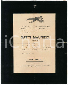 Documento originale, autentico 1924 MILANO Manifesto lutto per Maurizio GATTI anni 18  Incidente sul lavoro 1