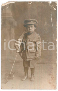 Cartolina originale da collezione 1910 ca CHILDREN Boy with american flag and horse toy  Postcard FP NV 1