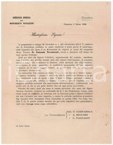 Documento originale, autentico 1868 CREMONA Commissione Diocesana  Lettera monumento a mons. Antonio NOVASCONI 1