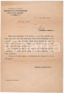 Documento originale, autentico 1876 CINTO CAOMAGGIORE VE CaritÃ  a vedova Maddalena PEROSA per casa incendiata 1