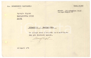 Manoscritto, lettera originale 1935 MILANO Lettera avv. Domenico RAVAIOLI per invio scritture Autografo 1