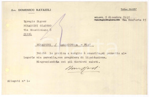 Manoscritto, lettera originale 1935 MILANO Lettera avv. Domenico RAVAIOLI per saldo pratica Autografo 1