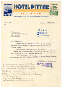 Manoscritto, lettera originale 1937 SALZBURG AUSTRIA Hotel PITTER  Lettera per prenotazione 1
