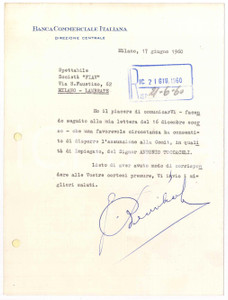 Autografo originale 1960 MILANO Banca Commerciale Italiana  Lettera Giuseppe BEVILACQUA Autografo 1