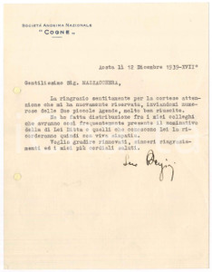 Autografo originale 1939 AOSTA Lettera ing. Luigi BERZIERI  SocietÃ  Nazionale COGNE Autografo 1