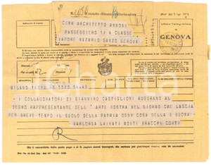 Documento originale, autentico 1926 MILANO Telegramma collaboratori Giannino CASTIGLIONI ad Ambrogio ANNONI 1