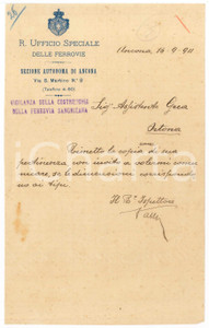 Documento originale, autentico 1911 FERROVIE ANCONA  Lettera del Regio Ispettore per verifica documento 1