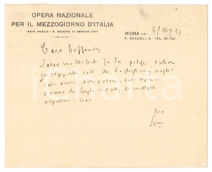 Autografo originale 1929 ROMA Padre Giovanni SEMERIA  Opera Nazionale Mezzogiorno AUTOGRAFO 1