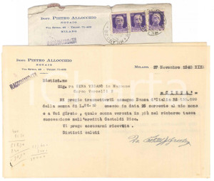 Manoscritto, lettera originale 1940 MILANO via Spiga 48  Notaio Pietro ALLOCCHIO  Lettera per rimborso 1