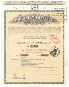 Oggetto da collezione cartaceo 1962 MILANO Ercole MARELLI & C.  Certificato azionario da cinque azioni 1