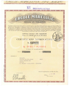 Oggetto da collezione cartaceo 1962 MILANO Ercole MARELLI & C.  Certificato azionario da dieci  azioni 1