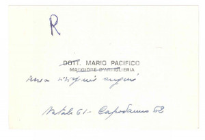 Oggetto da collezione cartaceo 1961 s. l. Mario PACIFICO Maggiore d Artiglieria  Biglietto da visita autografo 1