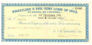 Oggetto da collezione cartaceo 1932 LONDON Brazilian 5 per cent loan of 1903  Coupon 25x12 cm 1