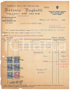 Documento originale, autentico 1940 MILANO Piazzale E. Crespi 6  Antonio BAGHETTI Reti metalliche  Fattura 1