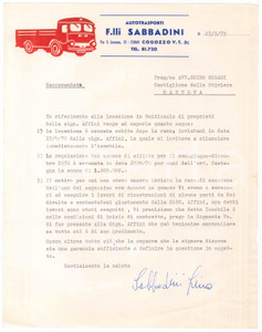 Documento originale, autentico 1973 VILLA CARCINA Frazione COGOZZO V.T. Autotrasporti SABBADINI Lettera 22x28 1