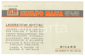Oggetto da collezione cartaceo 1940 ca MILANO viale Jenner  Silvano MASSA Fabbrica Targhe Biglietto 1